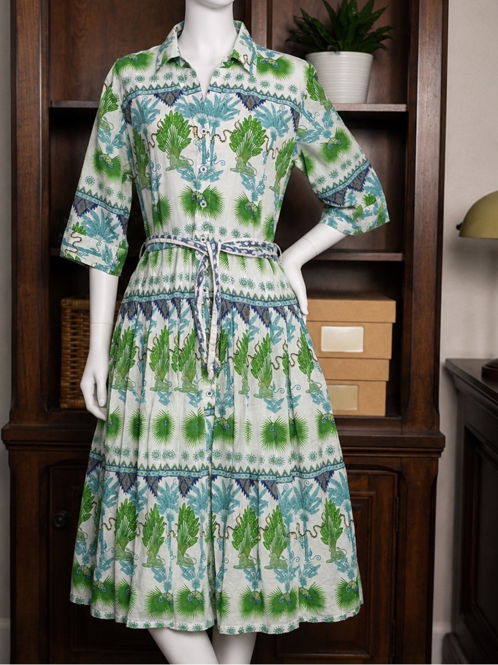 Dizzy Lizzy Miss Mable Palm Print Midi Shirt Dress L 100% Cotton Belted Green